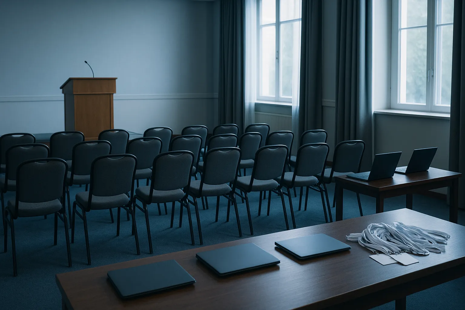 Empty conference room with rows of chairs, a wooden lectern, closed laptops and a pile of blank lanyards on a table in cool blue light