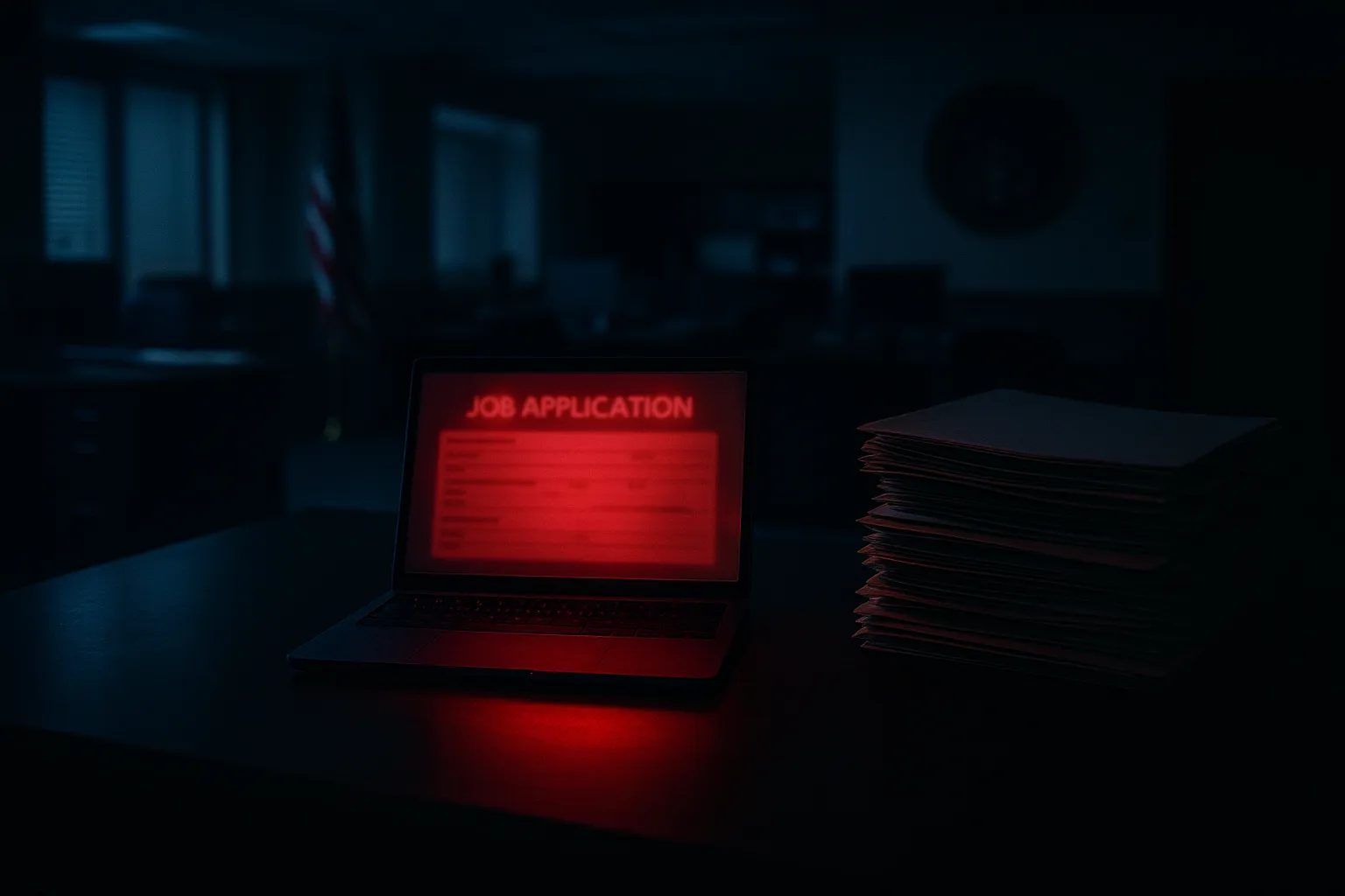 Laptop showing a job application form glowing red on a dark government office desk beside stacks of personnel files, illustrating the alleged FBIjobs.gov breach