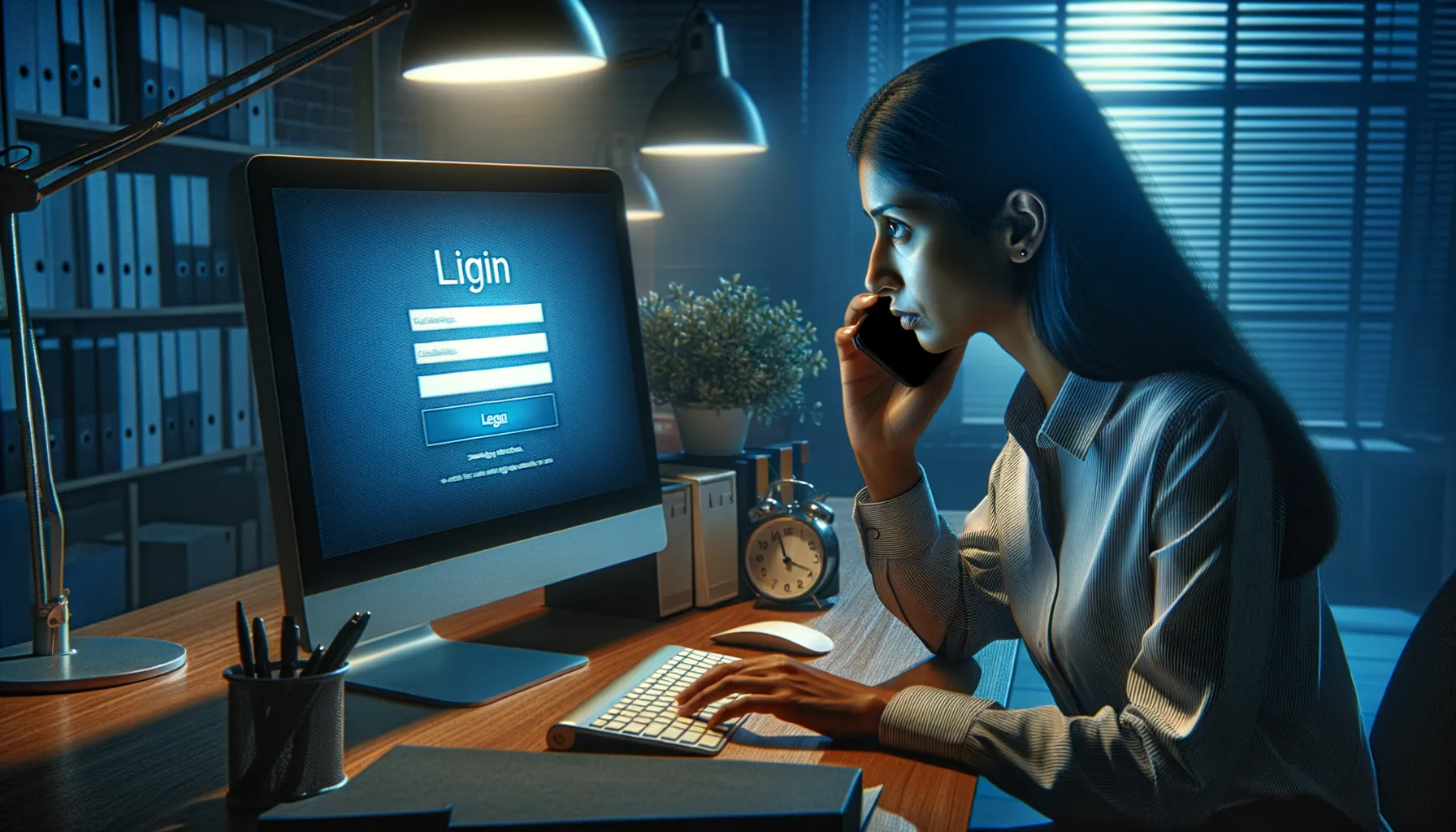 Office worker receiving phone call while looking at computer screen showing login page, suggesting social engineering attack