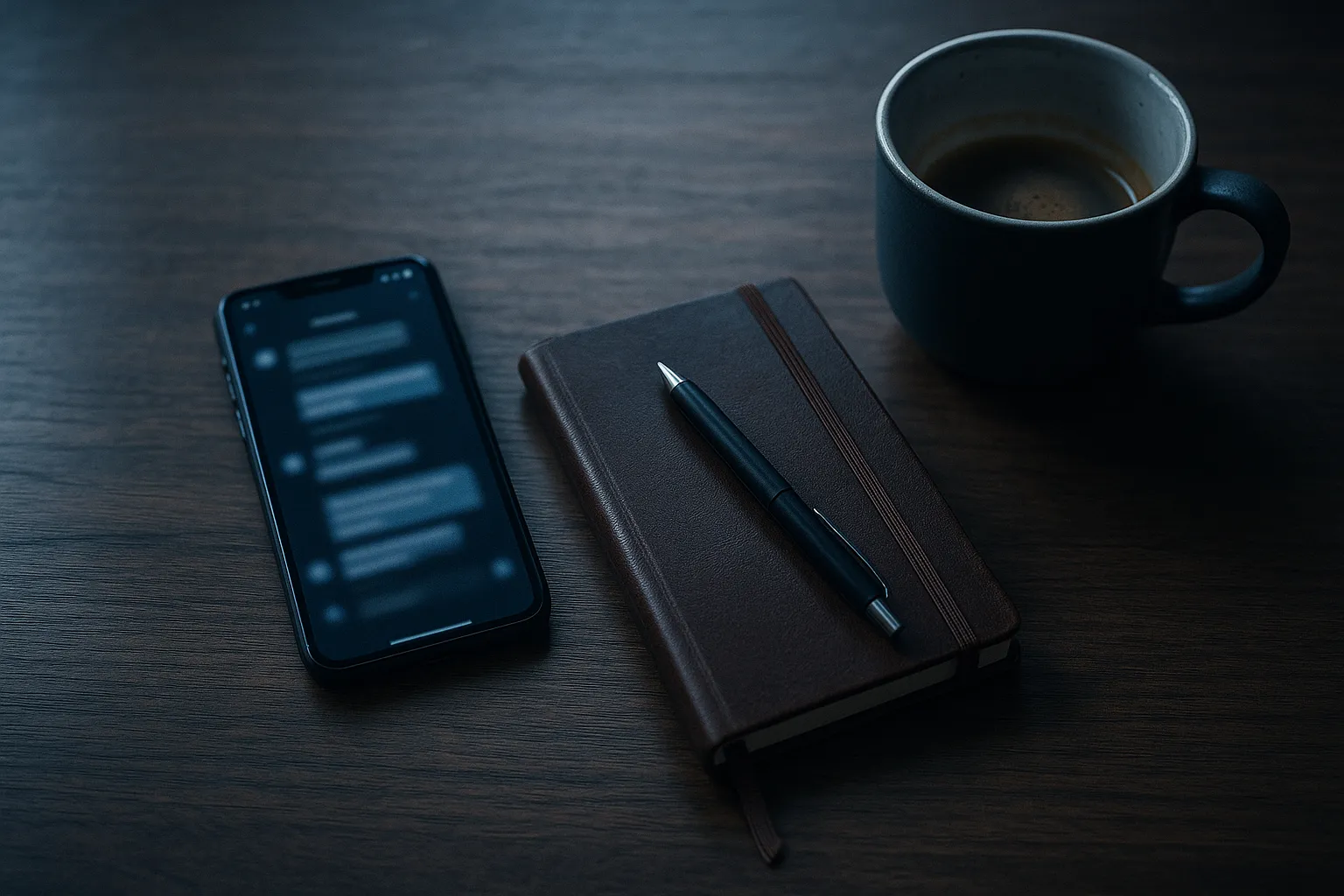 An overhead shot of a wooden desk with a single smartphone showing a blurred messaging app, a closed leather notebook with a pen on top, and a ceramic coffee cup, indigo and blue tones