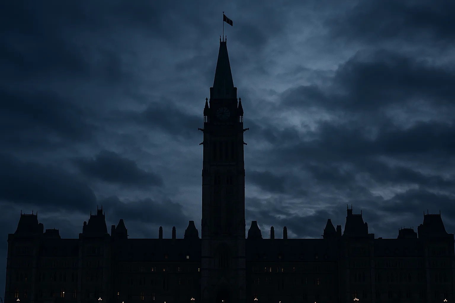 An editorial photograph of the Canadian parliament building on Parliament Hill in Ottawa at dusk, with the peace tower silhouette and an overcast sky representing the political pressure surrounding Bill C-22 lawful access legislation