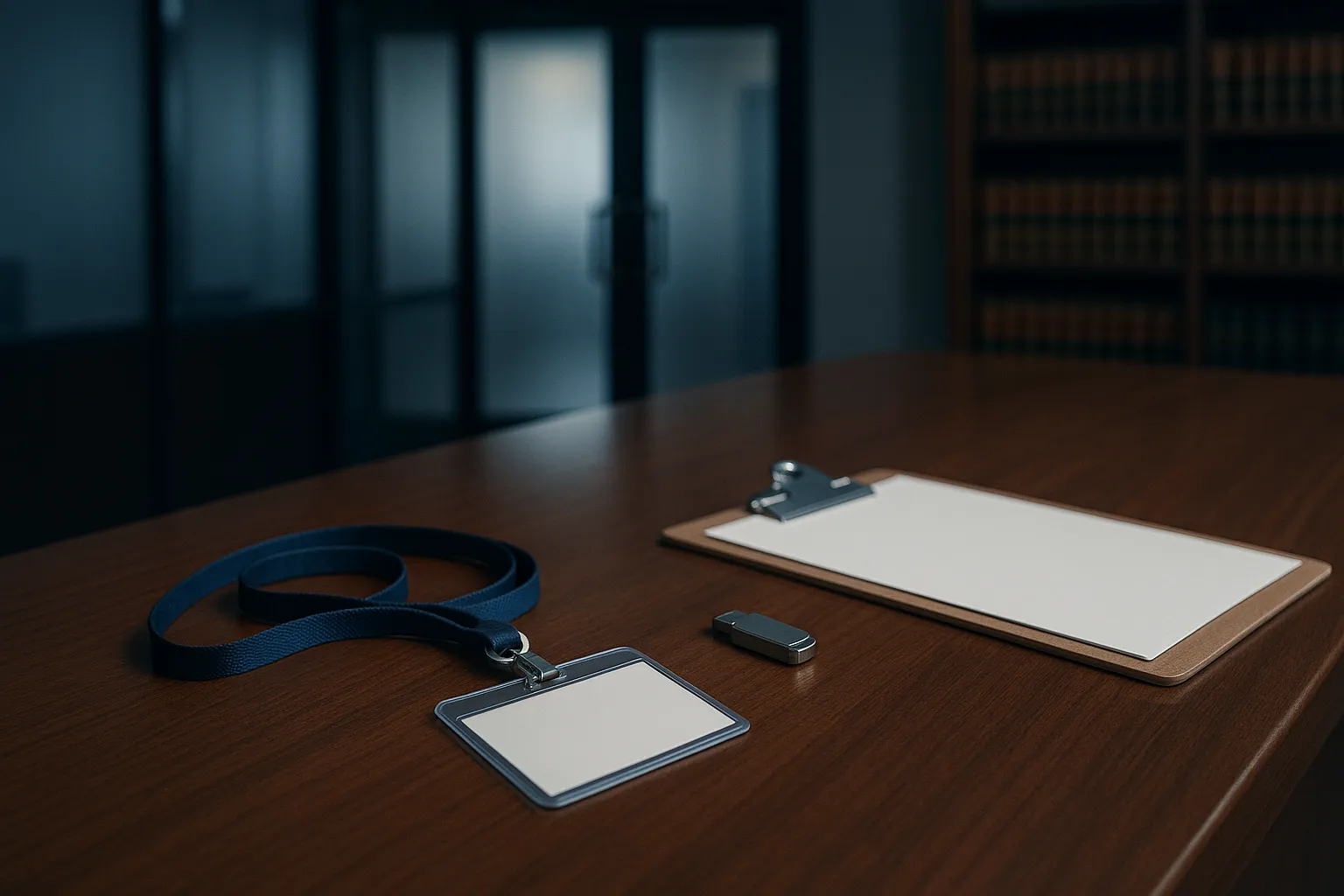 A law firm reception desk with a blank visitor badge on a lanyard and a USB flash drive beside a sign in clipboard, glass office doors behind