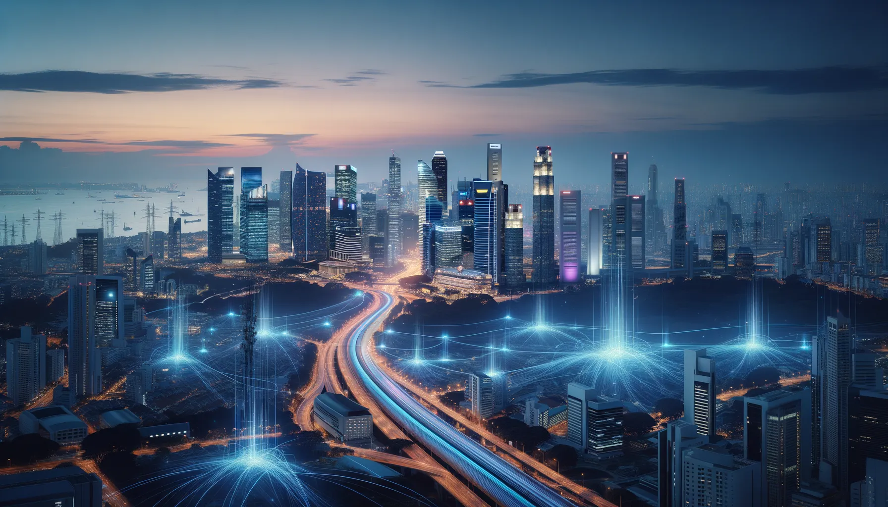 Singapore skyline at dusk with telecommunications towers