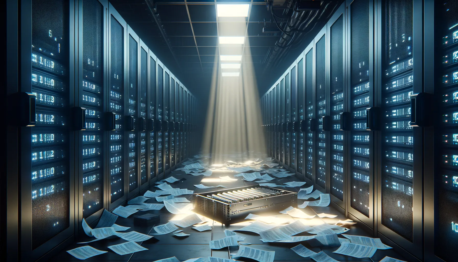 Dark server room with glowing blue server racks and a beam of light illuminating scattered documents, representing a massive email data leak