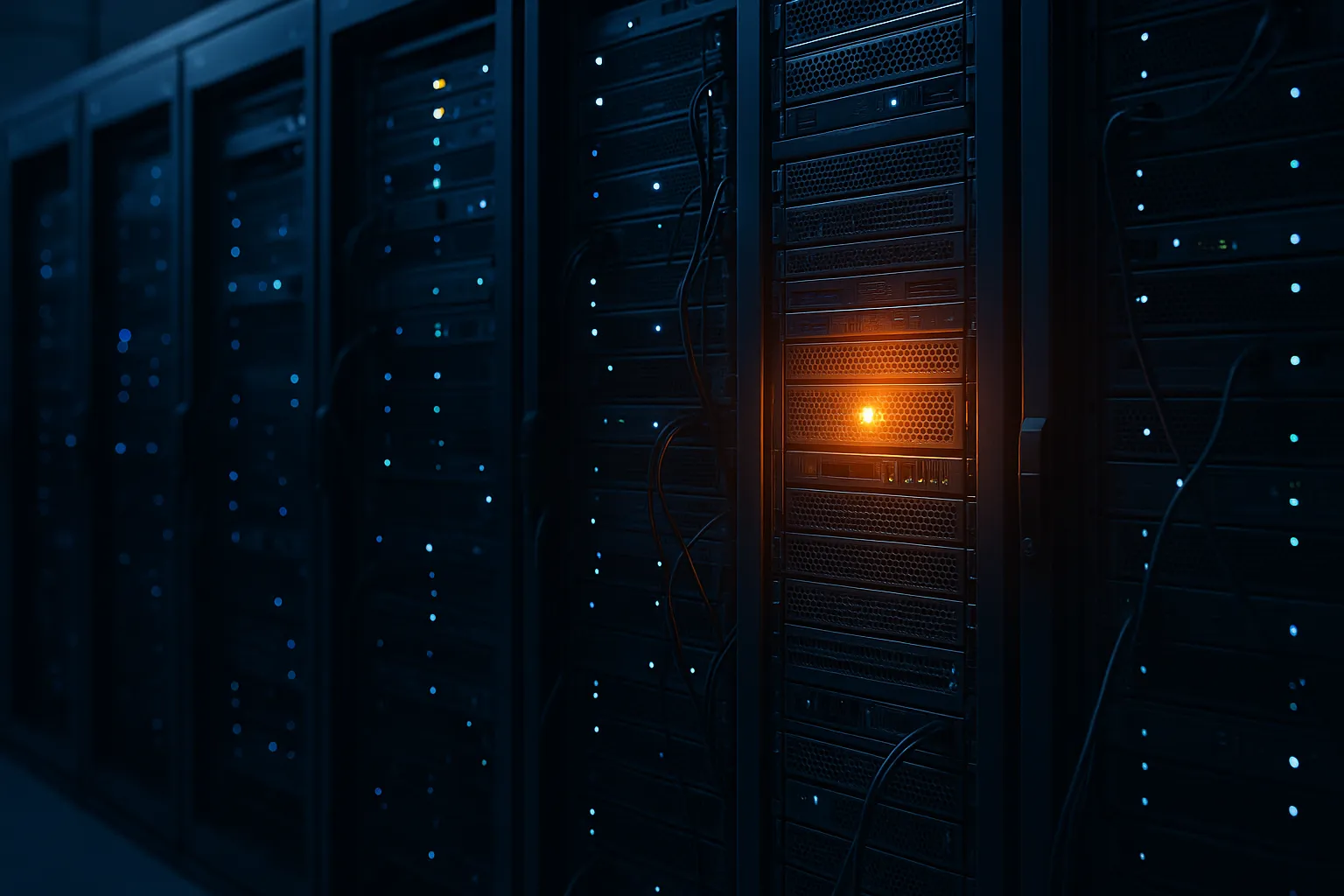 Data center server room with one server rack highlighted in orange indicating a security breach