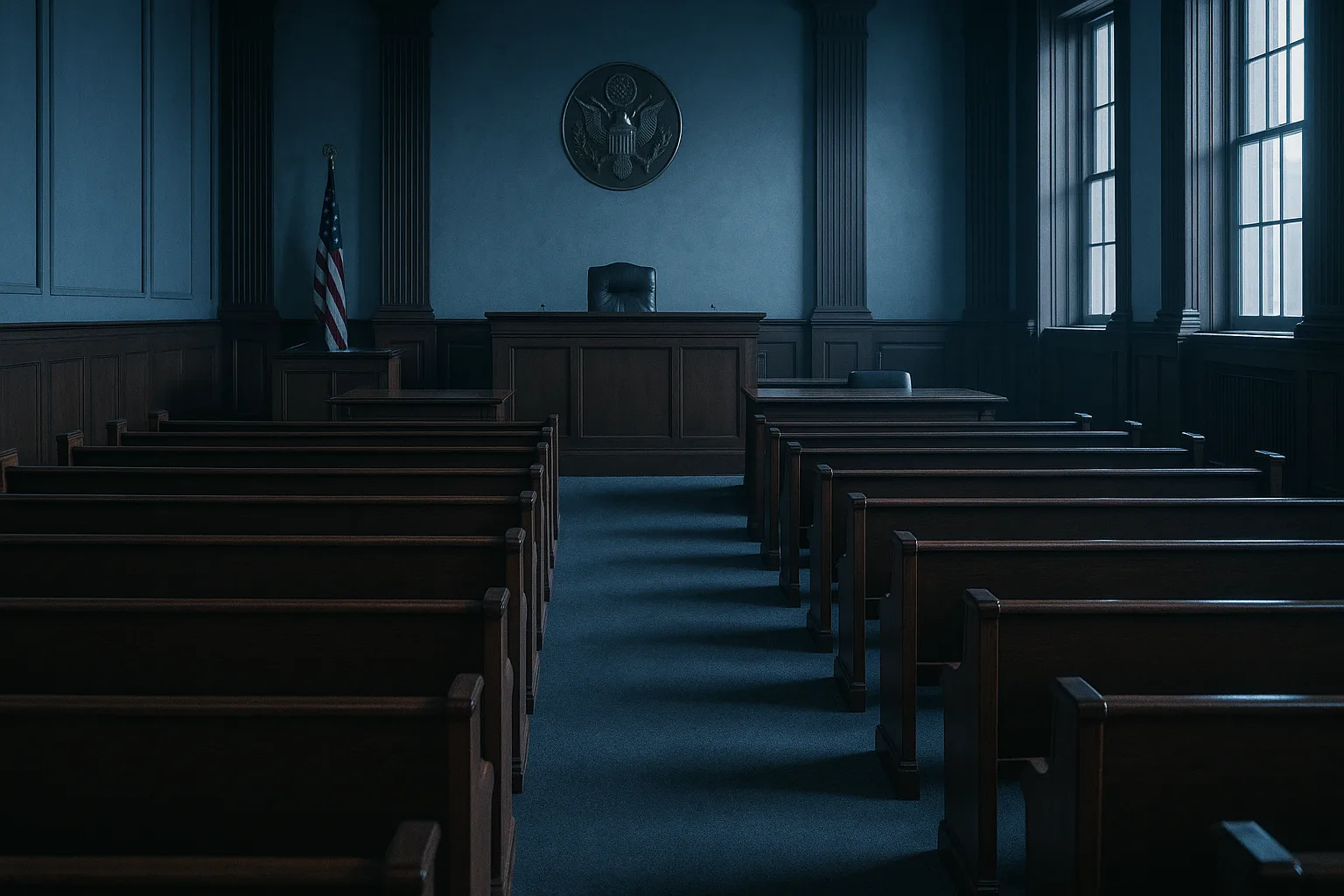 Empty federal courtroom gallery with rows of polished wooden benches and morning light from tall windows