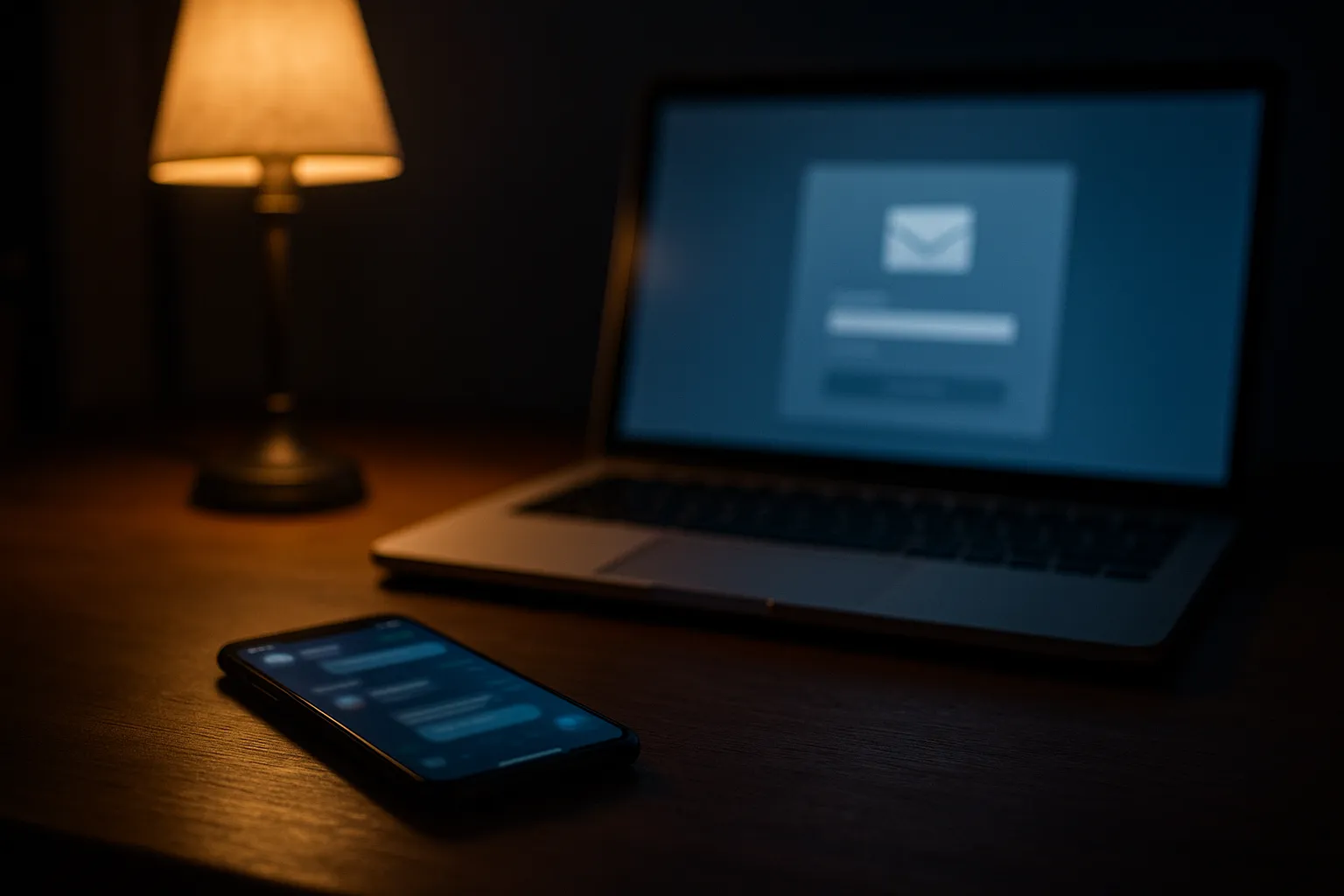 A journalist's dark desk at night with a smartphone showing a blurred messaging app beside a laptop open to an email login screen, lit by a warm desk lamp
