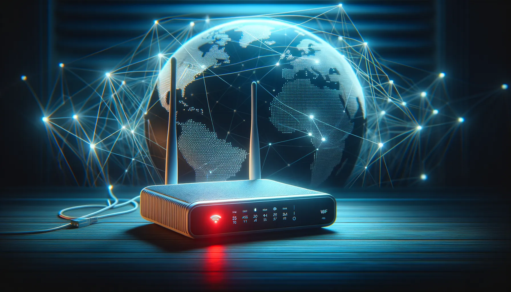 Home WiFi router with red glowing LED on a dark desk surrounded by network visualization lines connecting to a world map