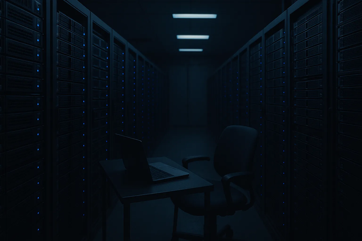 A dimly lit server rack room with rows of blade servers showing soft blue status lights and a closed laptop on a small desk in the foreground
