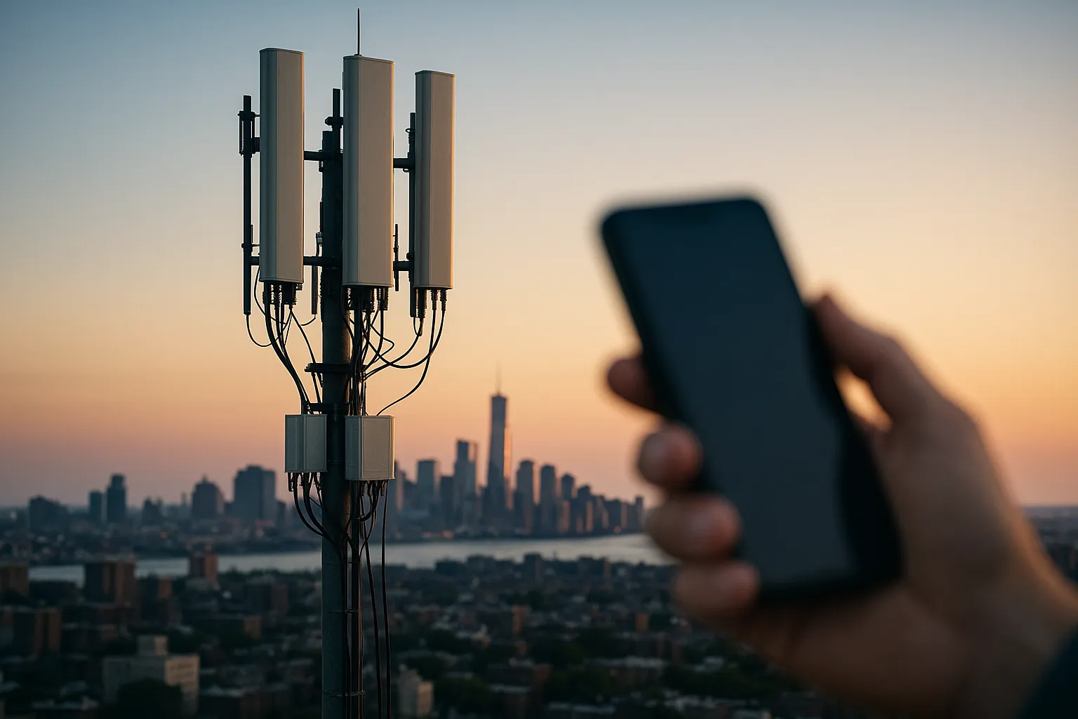 A cellular tower antenna array at golden hour against a city skyline, with a blurred hand holding a smartphone in the foreground
