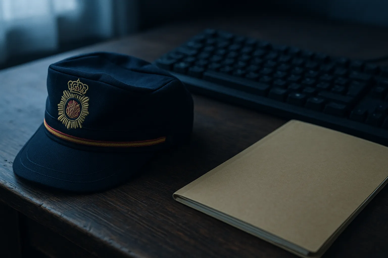 A close up of an old wooden desk with a folded Spanish national police hat resting next to a darkened computer keyboard and a closed manila file folder