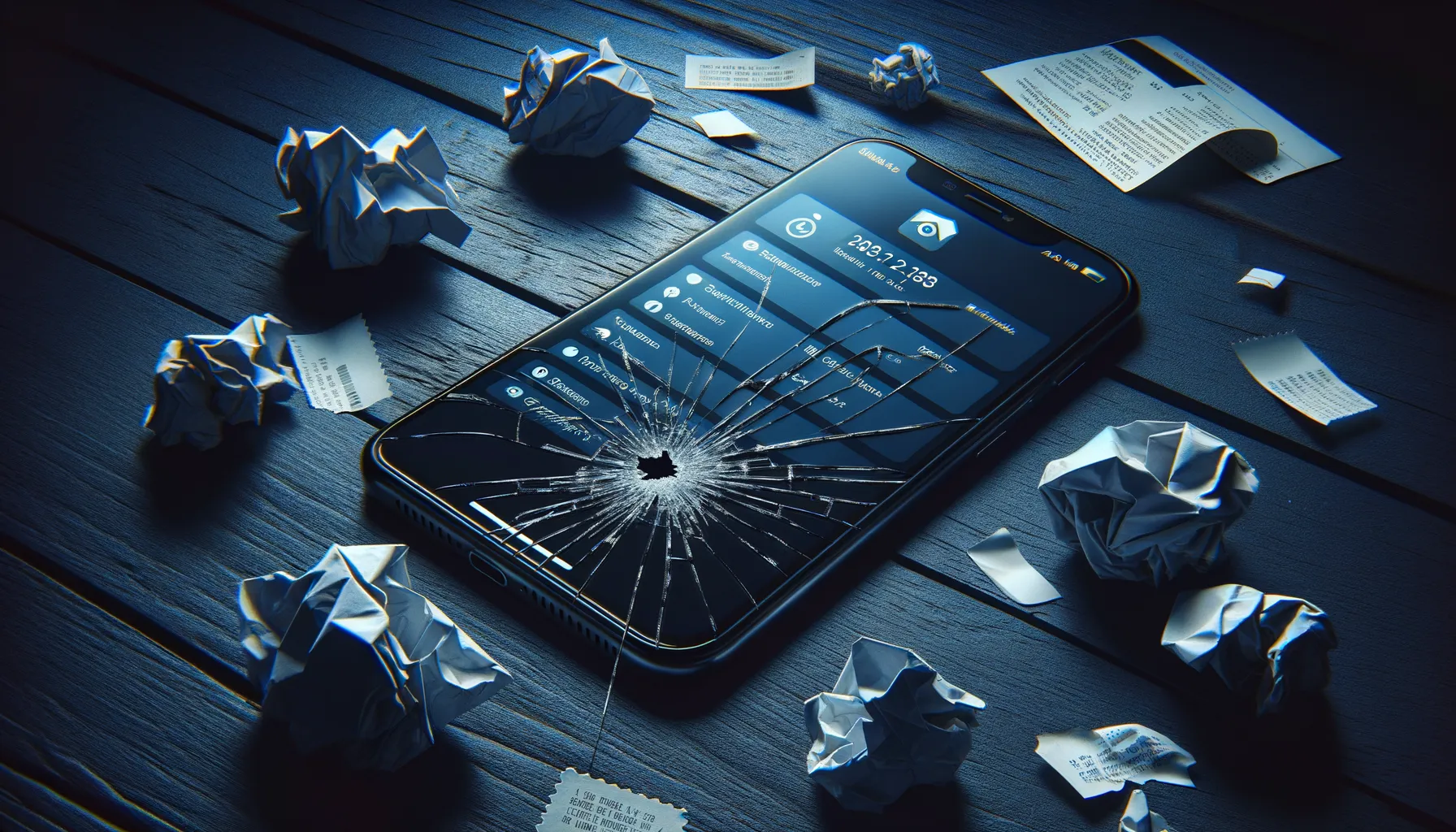 A cracked smartphone screen on a dark desk surrounded by scattered payment receipts, representing exposed stalkerware customers