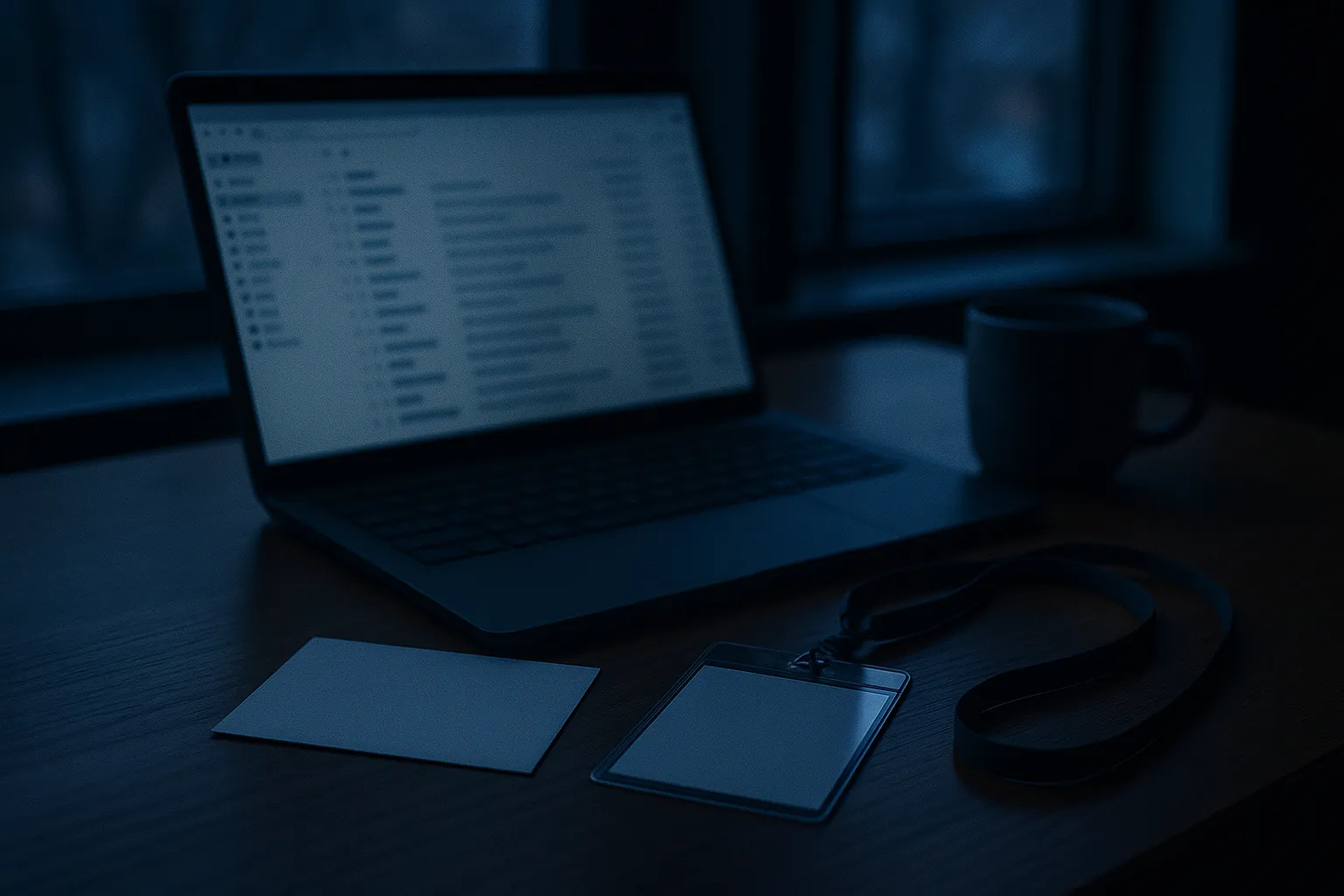 Laptop showing an email inbox beside a blank invitation card and a conference lanyard on a dark desk, illustrating Star Blizzard RedFlick phishing that uses fake event invitations