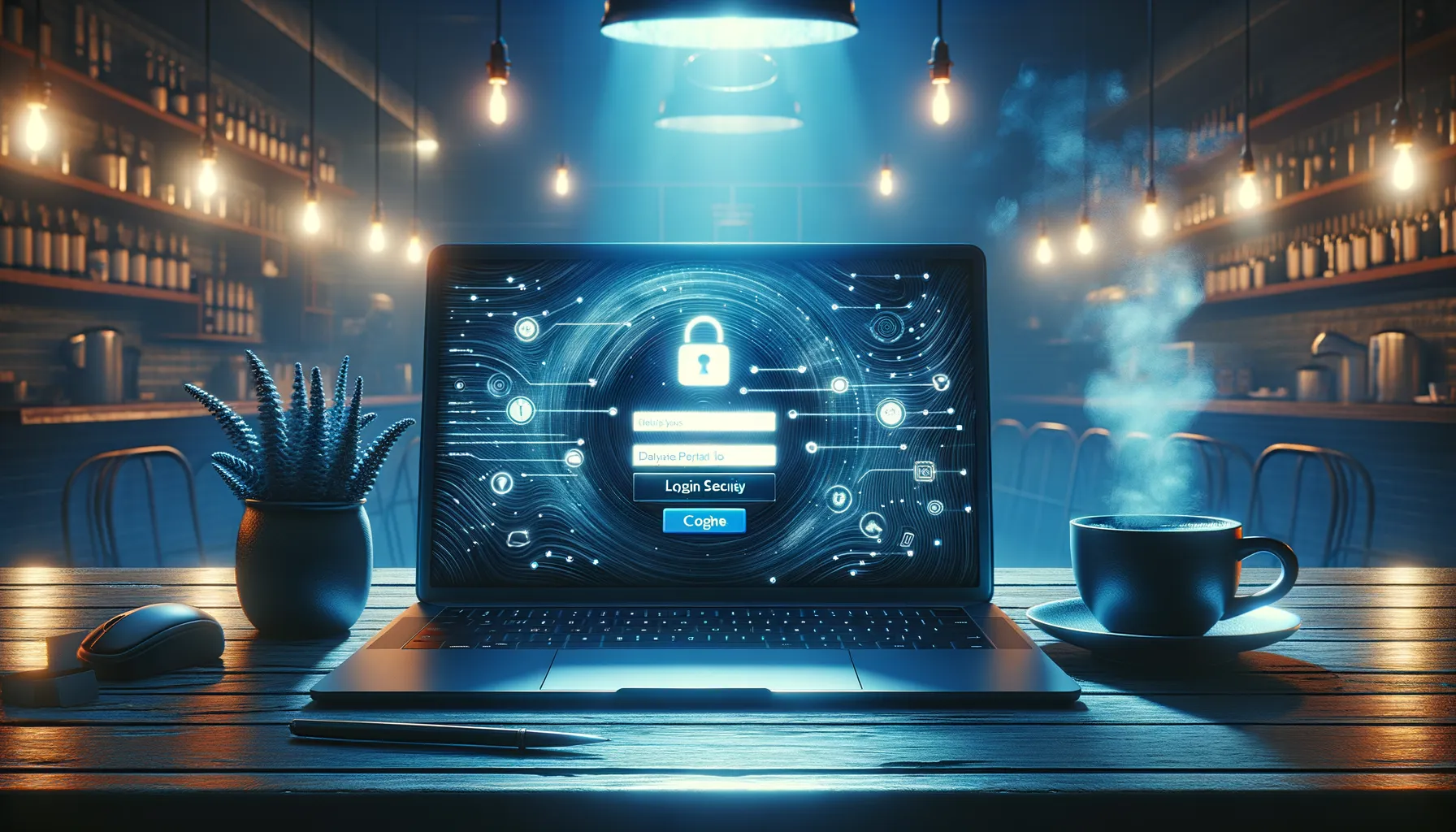 Coffee shop counter with laptop showing login screen and coffee cup under moody lighting