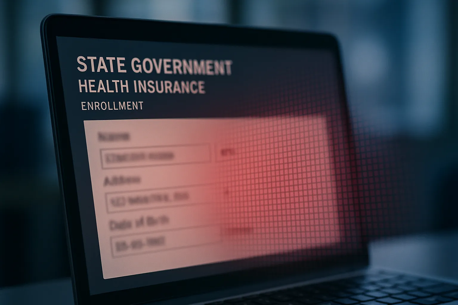 A laptop displaying a state health insurance enrollment page with tracking pixels visualized as a grid leaving the screen toward an indigo background, illustrating personal data leaving a healthcare website