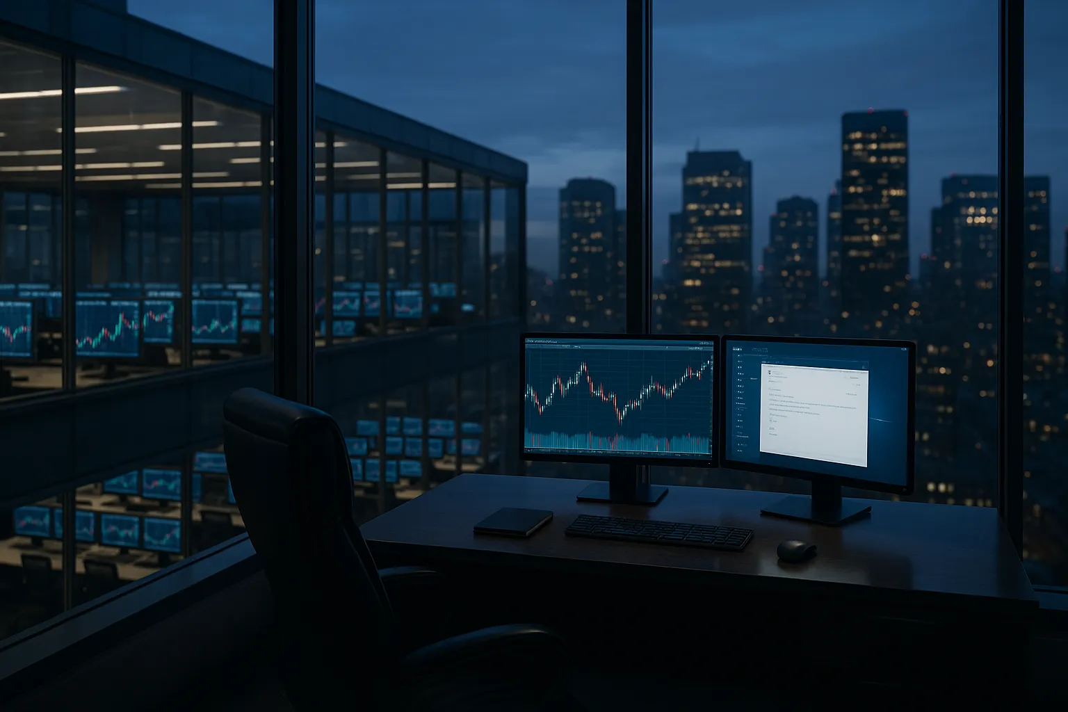 A financial district office at dusk with market data on screens, suggesting a stock exchange under quiet surveillance