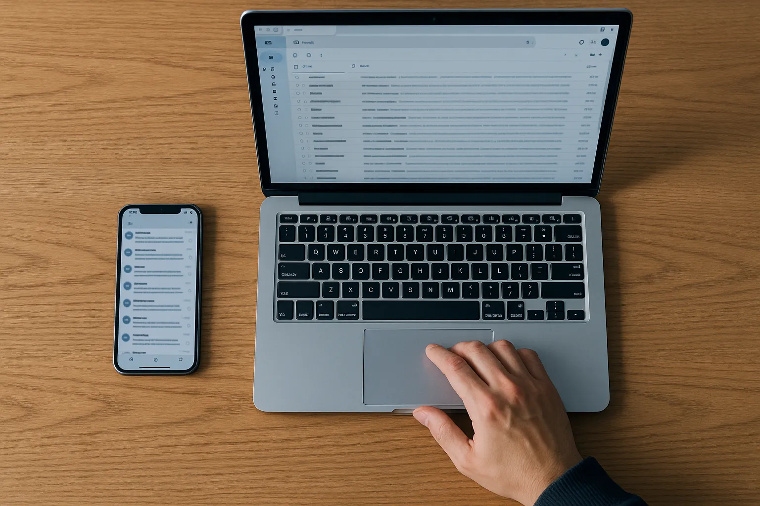 A clean desk seen from above with a laptop and a smartphone side by side open to email apps while a hand adjusts a setting in bright daylight