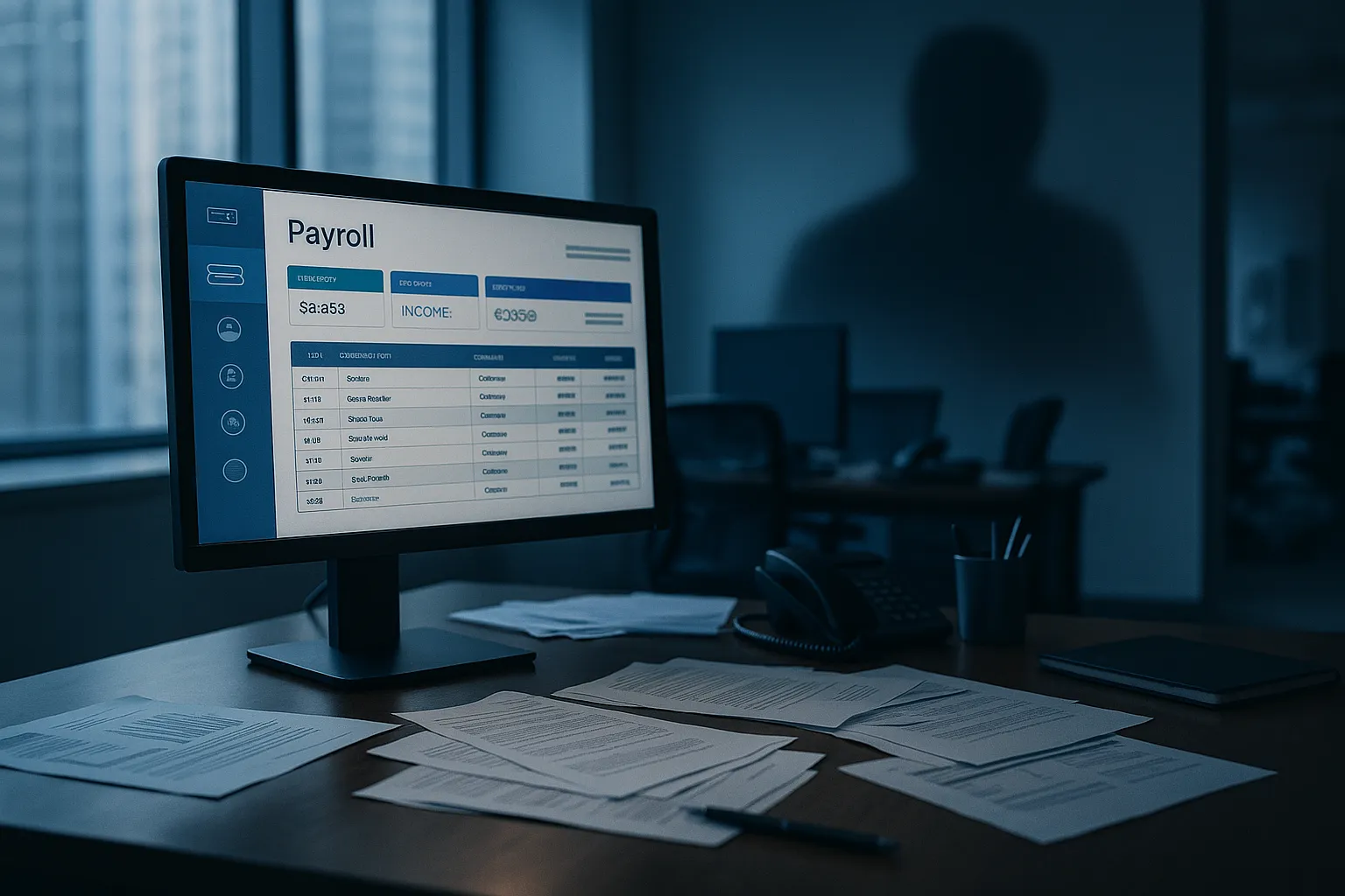Corporate office desk with computer showing a payroll interface and a dark shadow symbolizing a hidden threat