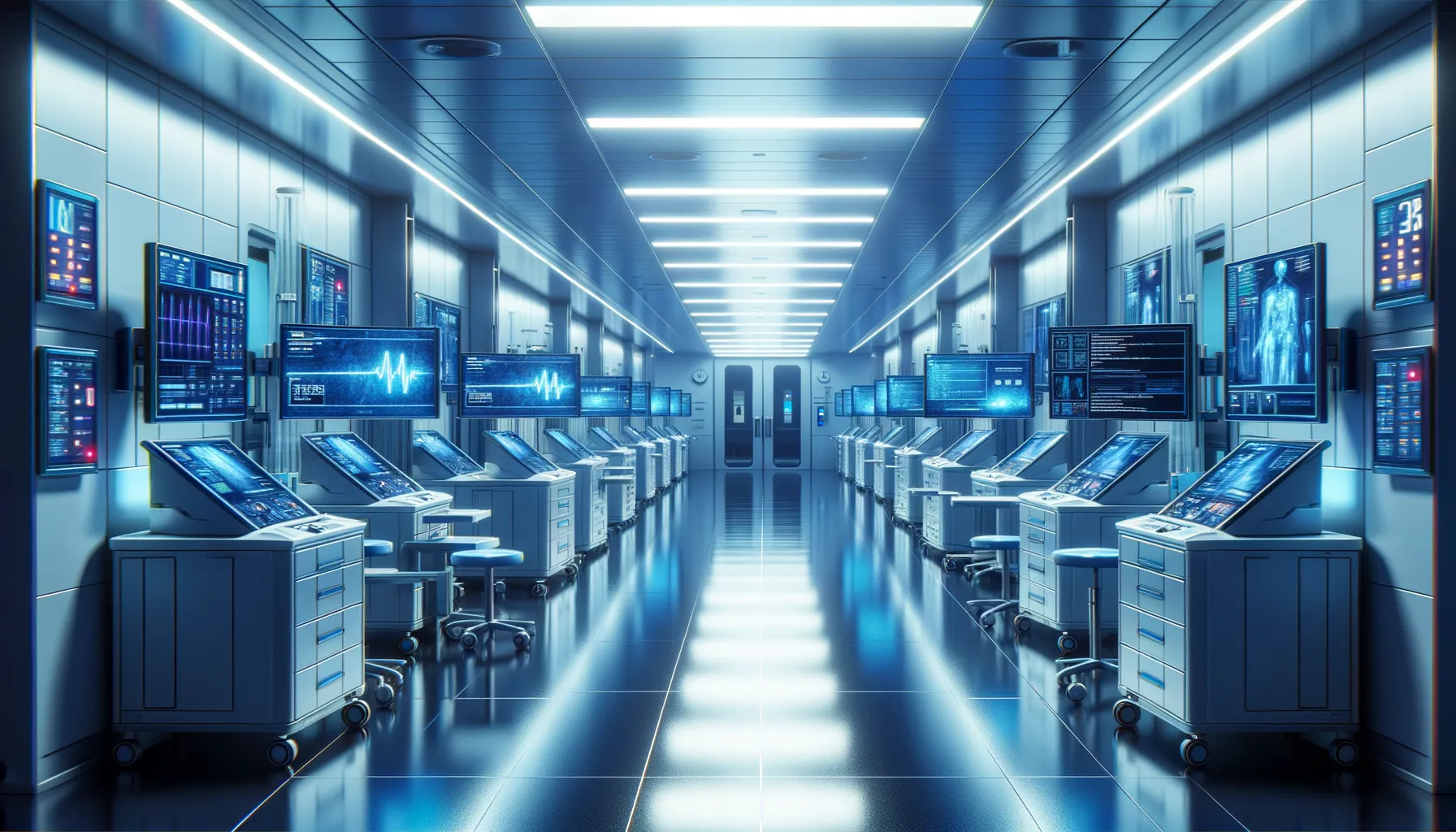 Hospital corridor with medical equipment and monitors showing error screens during a cyberattack