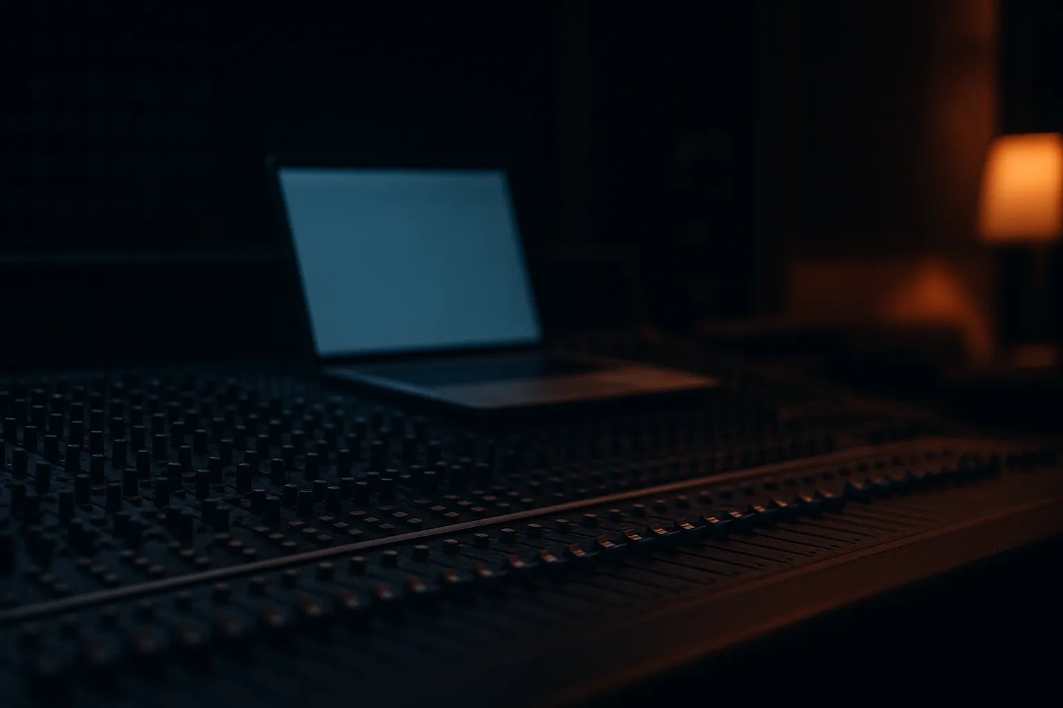 A dimly lit recording studio mixing desk with faders in the foreground and an open laptop glowing behind it, indigo and blue tones, representing the Suno data breach
