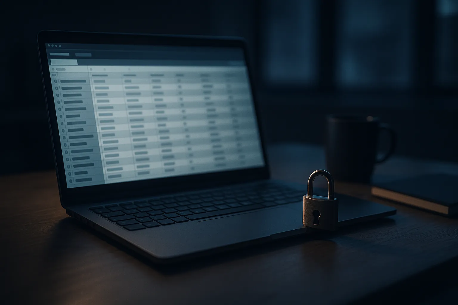 Developer laptop in a dim office showing a database table view, with a padlock resting beside it, illustrating Supabase databases left readable without Row Level Security