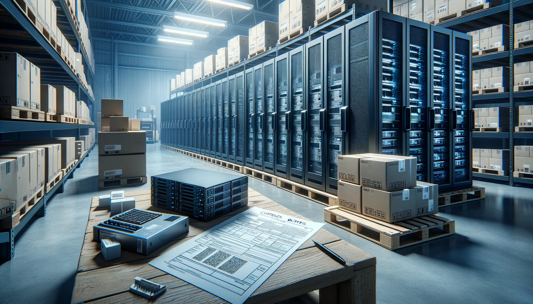 Server hardware in a warehouse with shipping containers and customs documentation suggesting international trade operations