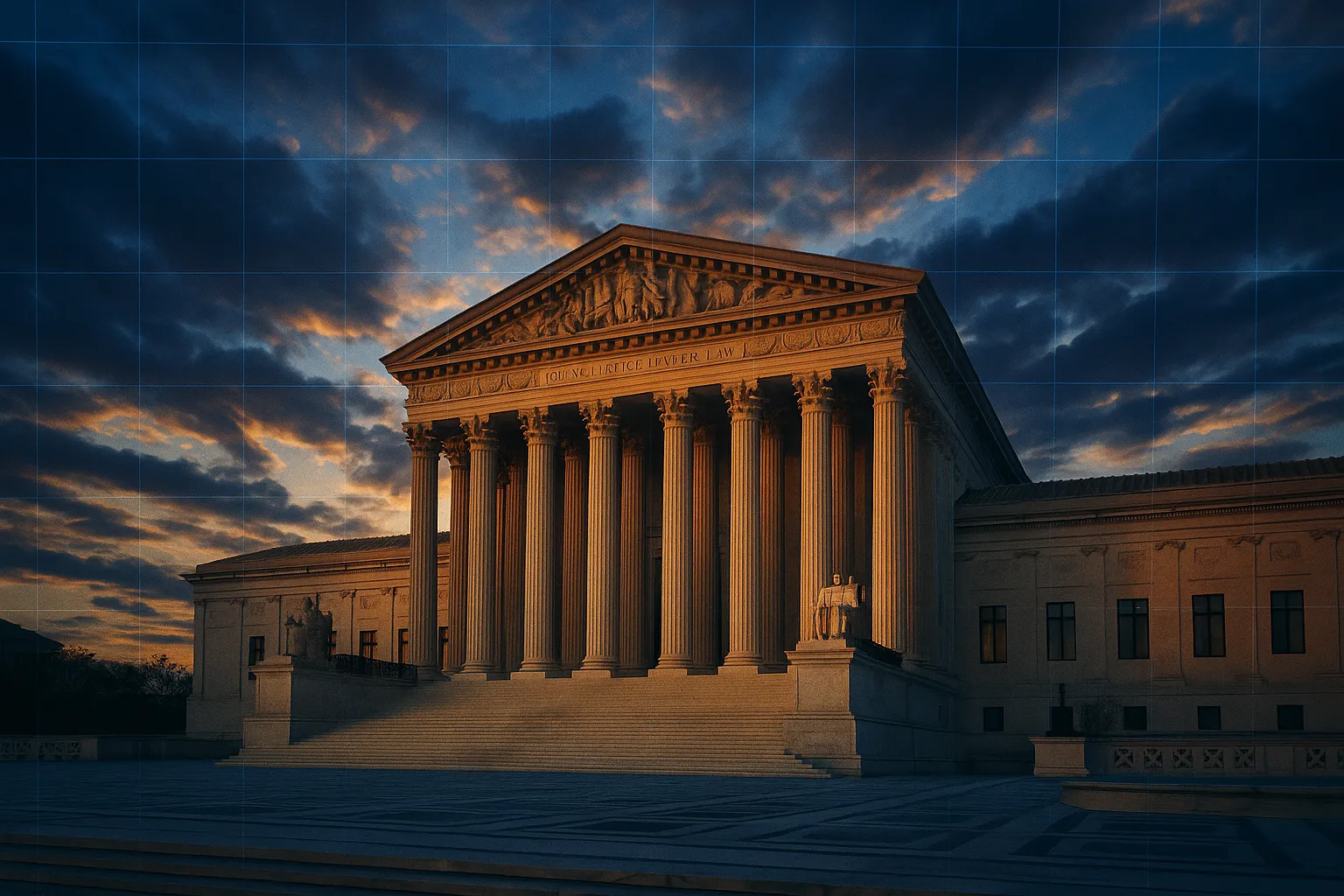The United States Supreme Court building with a subtle digital surveillance grid overlay