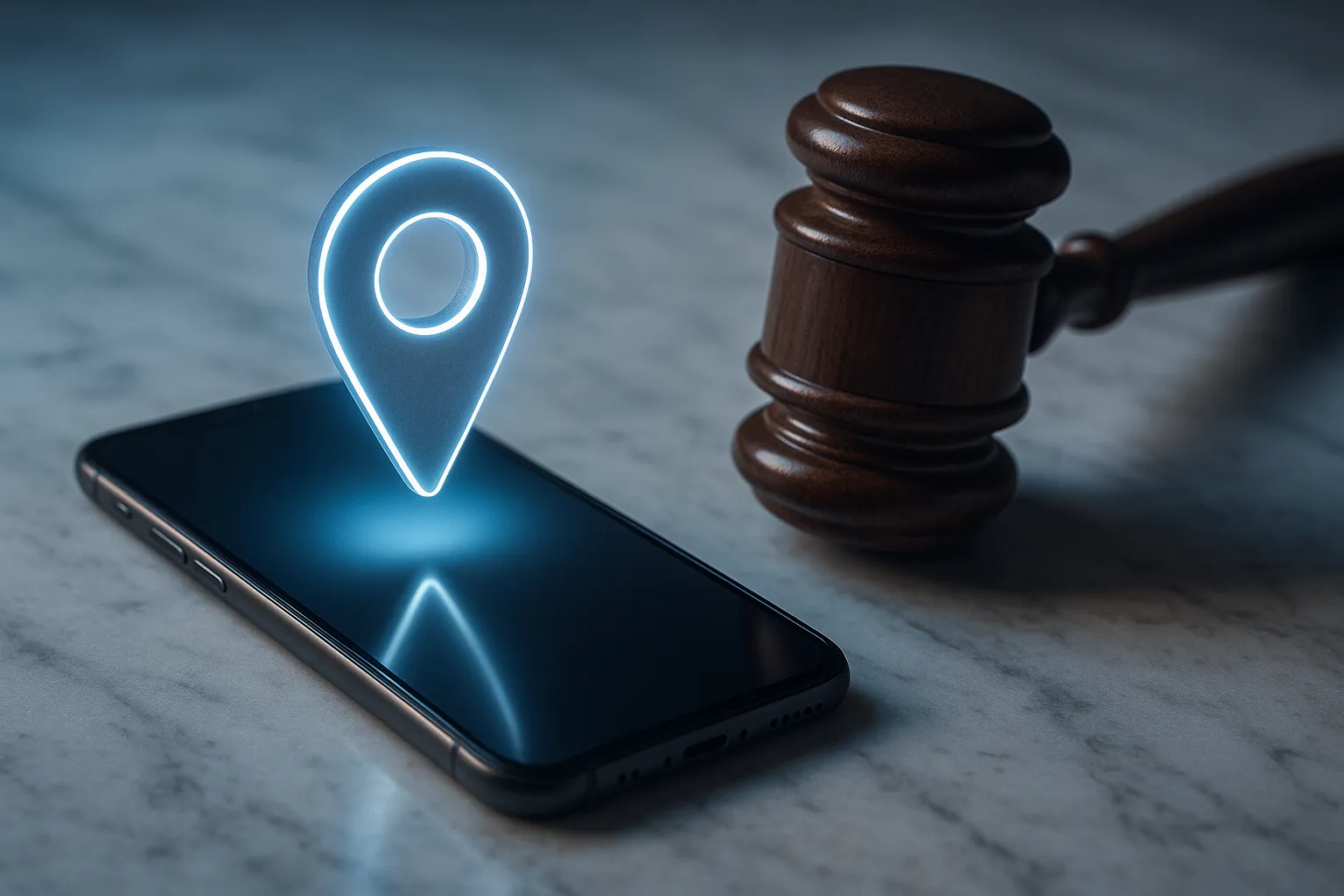 A smartphone with a glowing location pin next to a judge's gavel on a marble surface