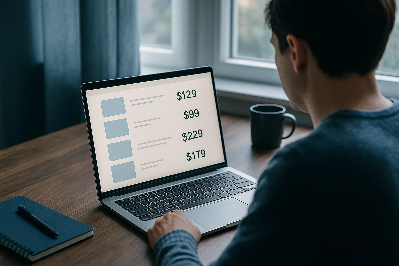 A shopper looking at a laptop screen showing an online prices page while sitting at a home desk, representing personalized pricing based on tracked data