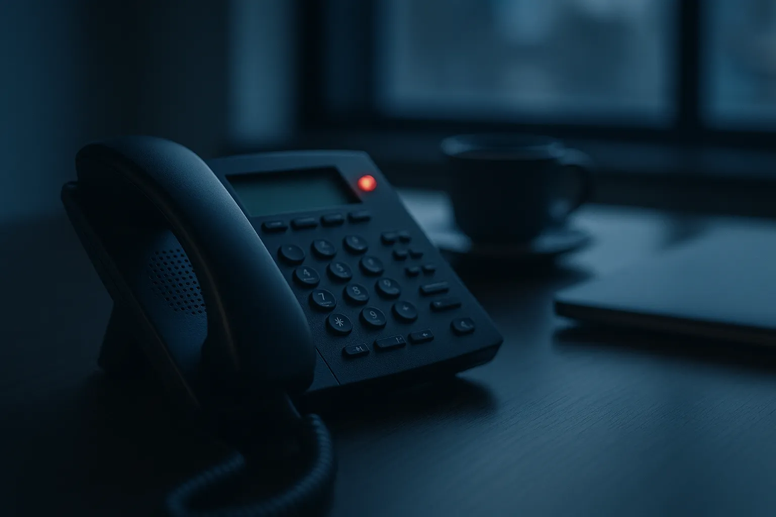 A black office desk telephone with its red message waiting light glowing, on a dark wooden desk in an empty office at dusk