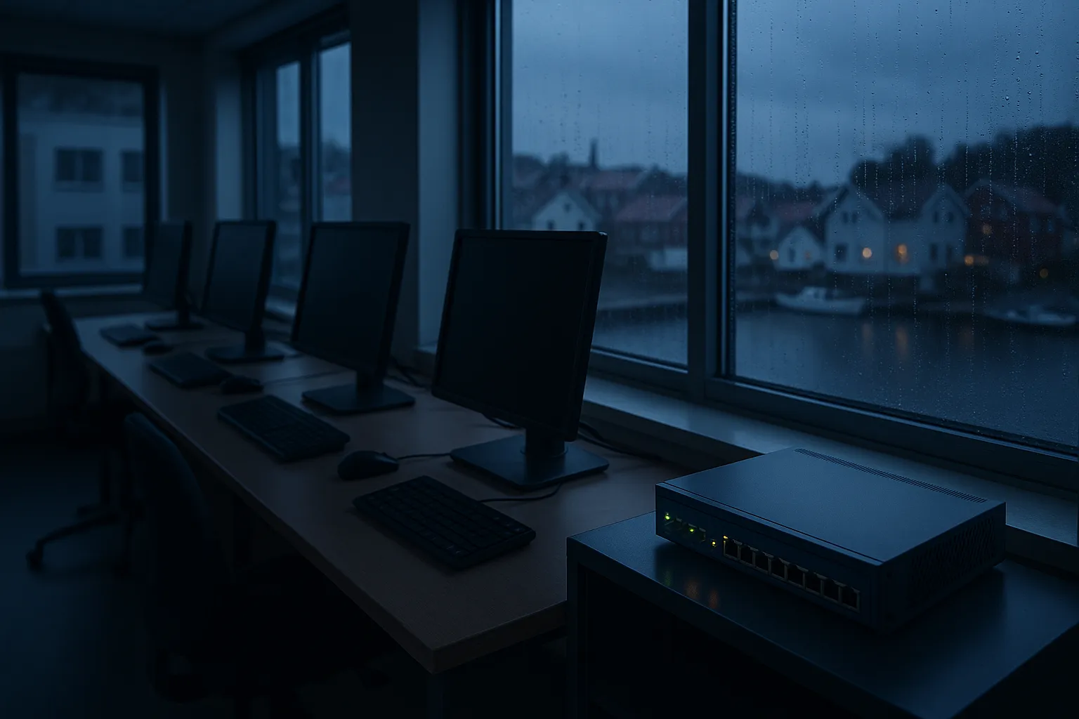 Empty Swedish municipal office at dusk with a network firewall appliance in the foreground, illustrating the Miljödata breach that exposed 2.2 million people