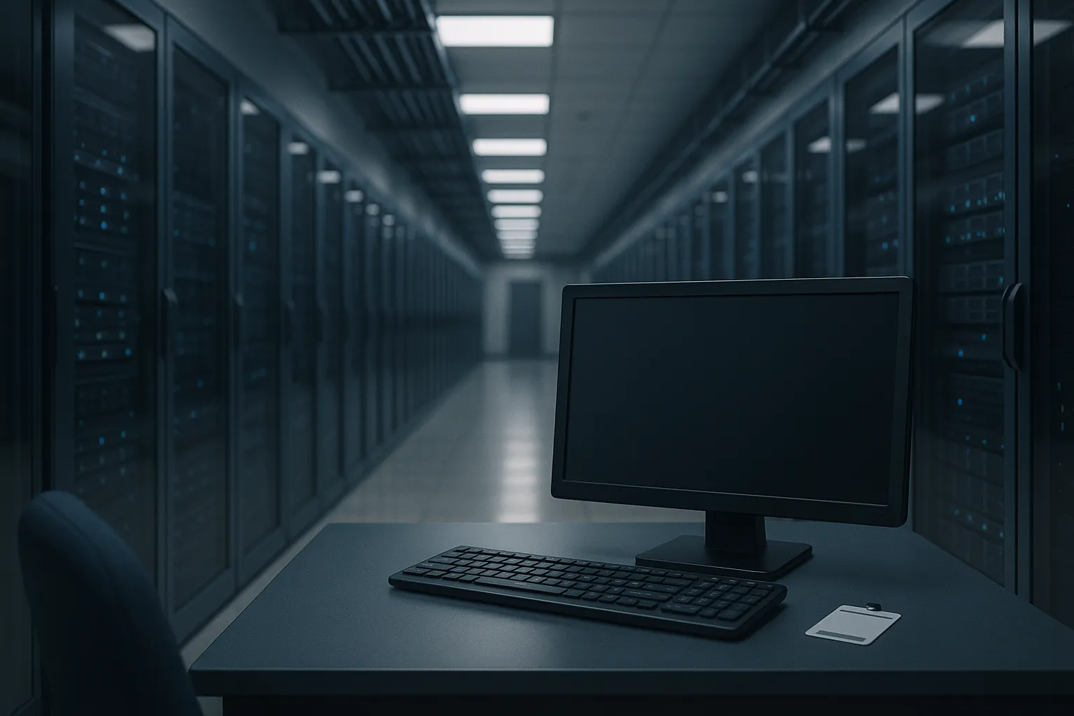 An empty systems administrator workstation with a blank screen in a dim government data centre corridor lined with server racks