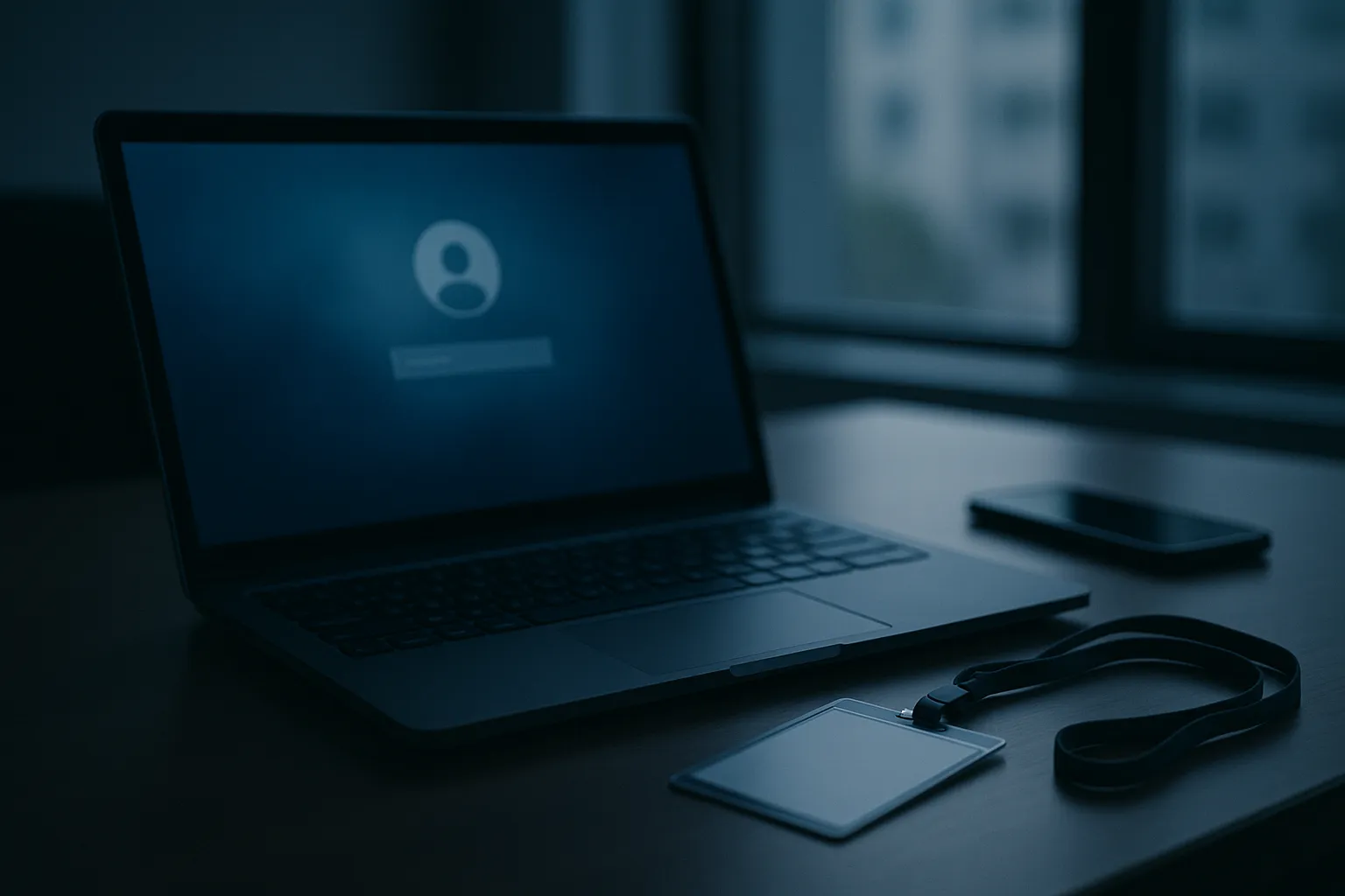 An editorial photograph of an office desk at dusk, a laptop showing a blurred blue Windows style login screen with an empty password field, a lanyard badge and a phone face down beside the keyboard