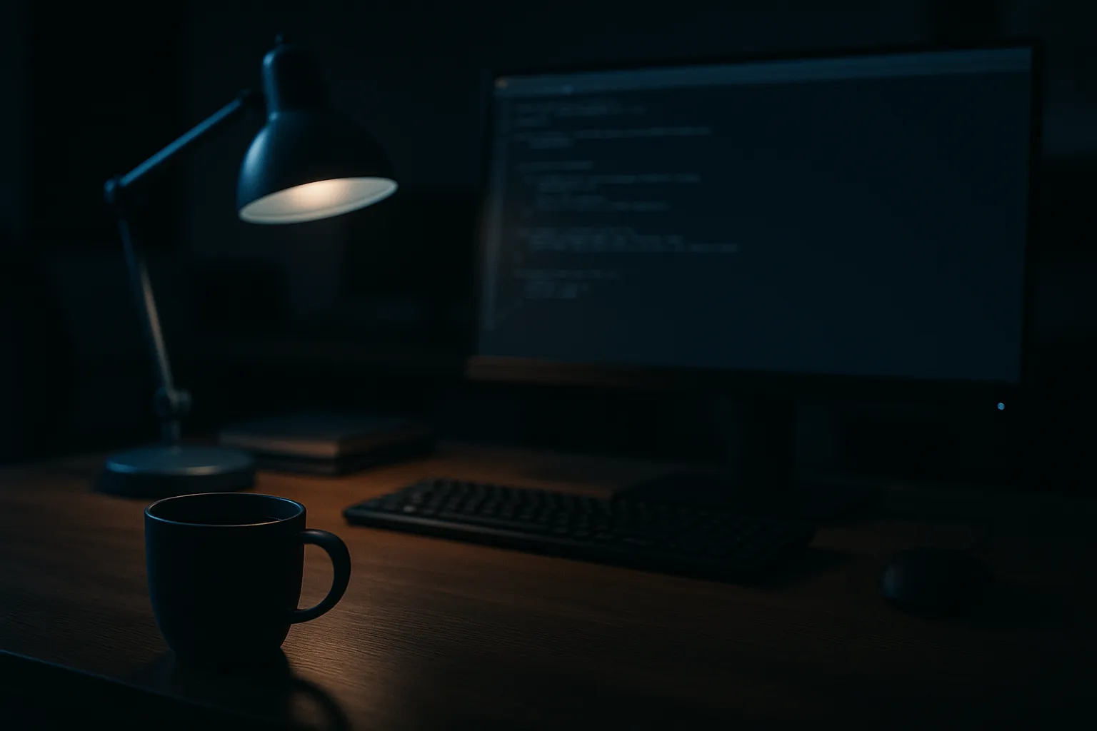 A photograph of a dimly lit office workstation with a monitor showing a generic terminal interface in soft focus, indigo desk lamp casting blue light, professional natural composition