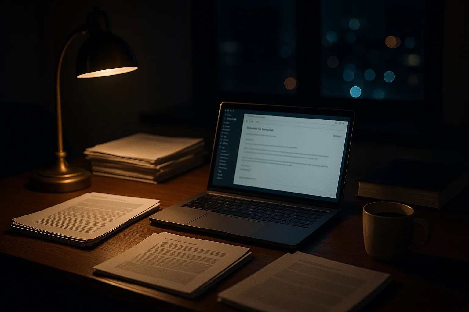 Laptop on a researcher's desk at night showing an open email invitation beside stacks of policy papers and a desk lamp, illustrating TA419 phishing that impersonates AI policy experts