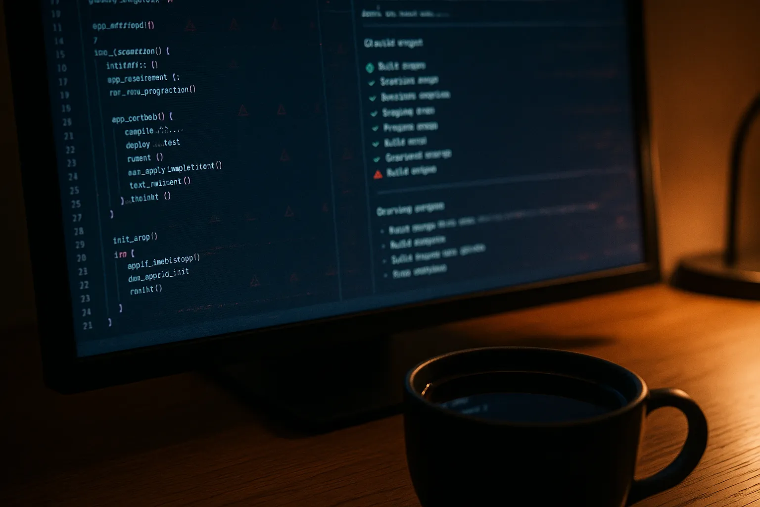 A developer's monitor showing a CI/CD build pipeline output with subtle warning indicators at the edges, suggesting a silent compromise of the build process