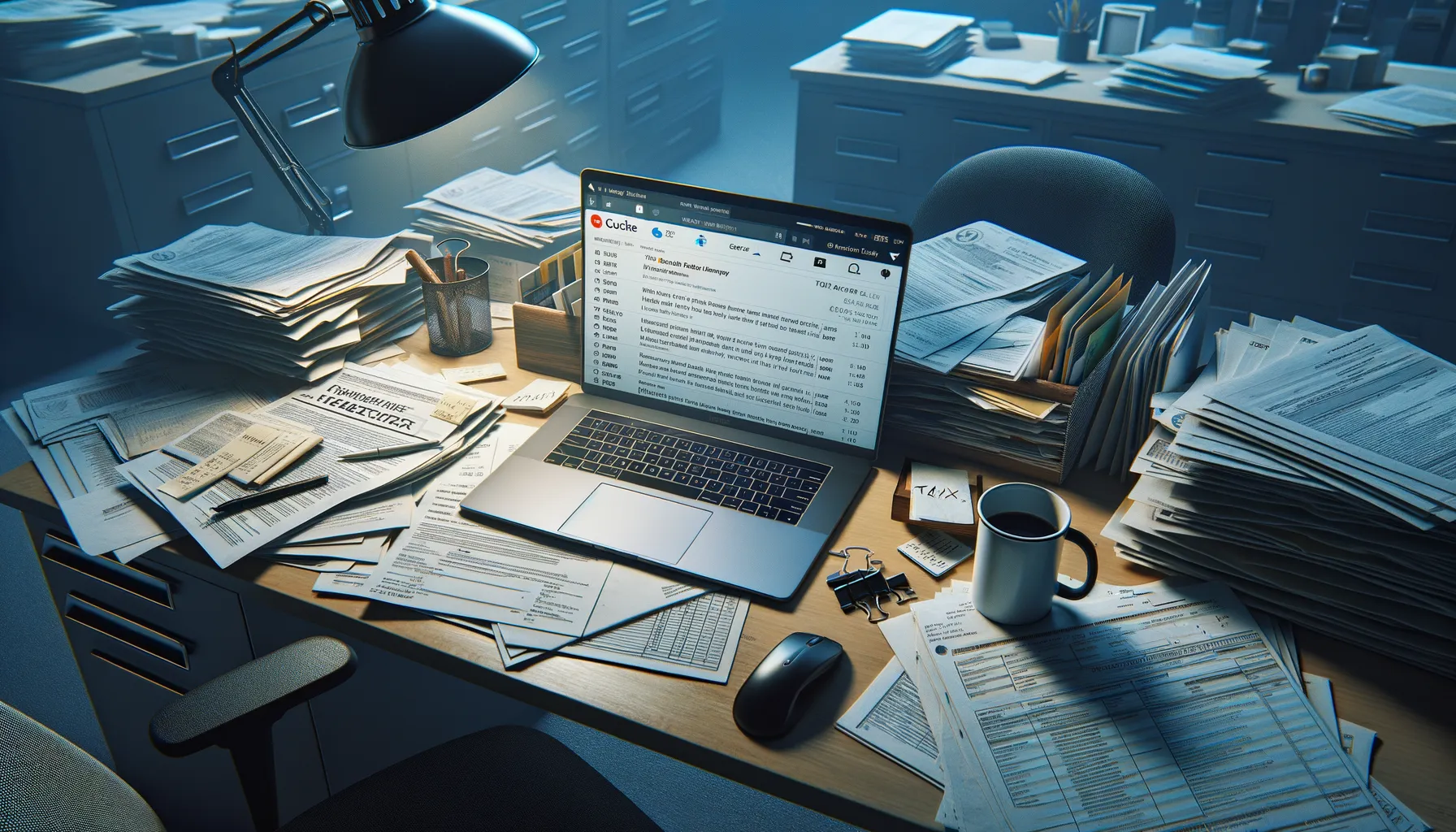 Desk with scattered tax documents and laptop showing suspicious email, representing tax season phishing threats