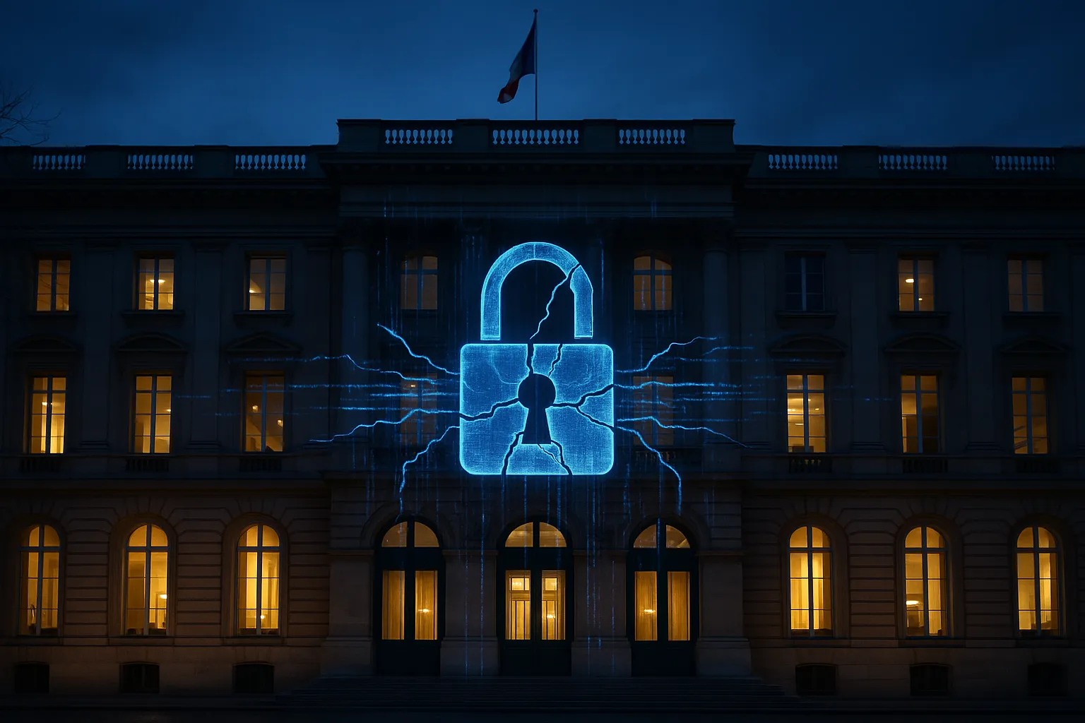 The exterior of a French government ministry building at dusk with a subtle digital breach overlay — cracking padlock and data streams in deep indigo tones