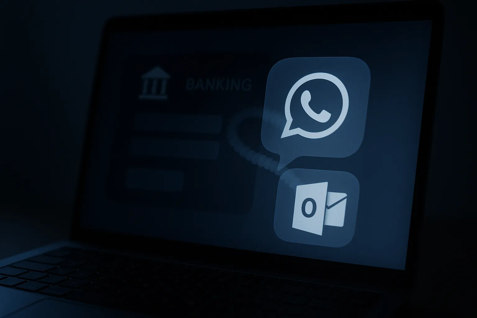 A laptop screen showing a banking interface partially obscured by translucent message bubbles representing Outlook and WhatsApp messages spreading from one infected inbox