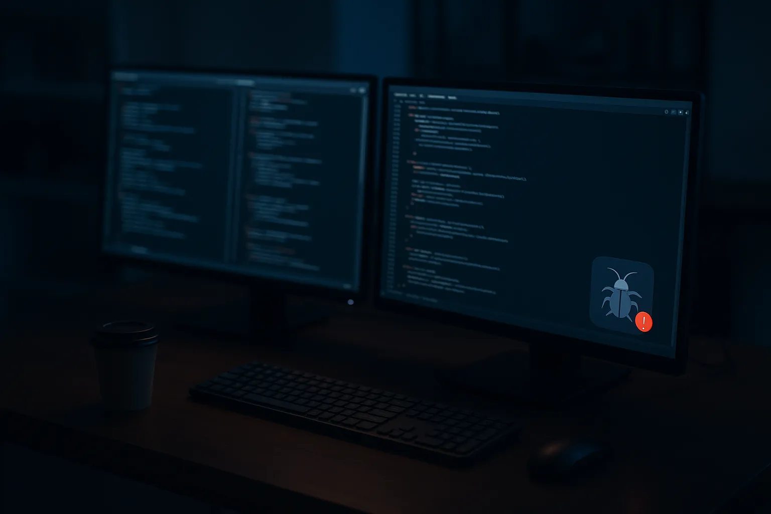 Developer workstation in a dimly lit office with multiple terminal windows showing code, a single red warning indicator glowing on a familiar tool icon