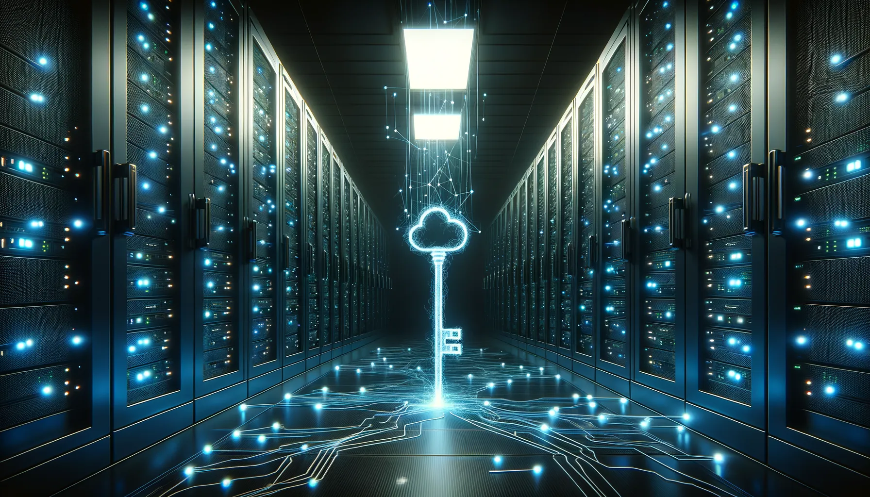 Dark server room with cascading streams of data flowing between interconnected nodes representing a chain of breached systems