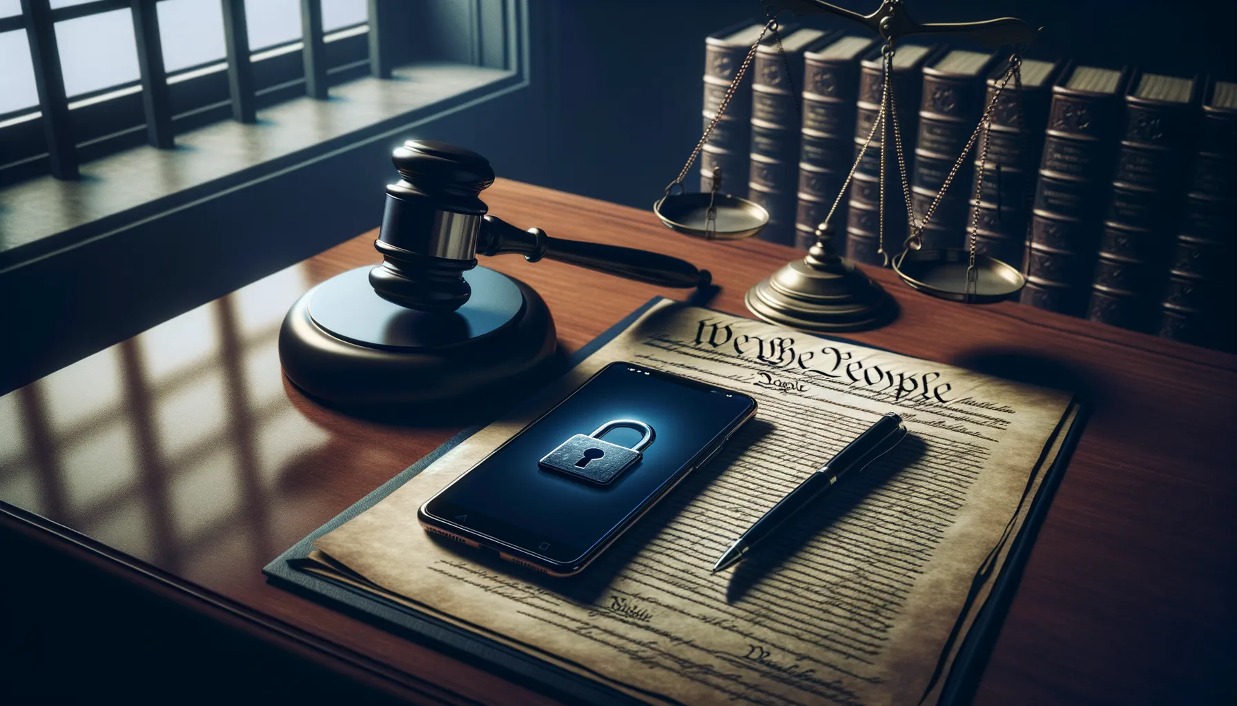 Smartphone on a judge's desk beside a gavel and constitutional document