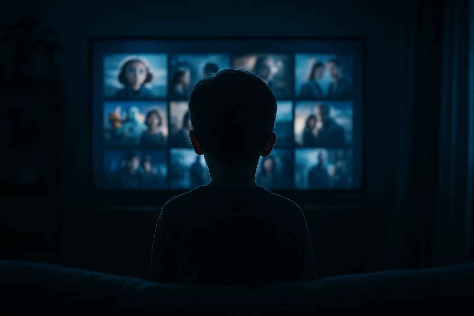 A child sitting in a darkened living room watching a glowing television screen at night, with the light from the screen illuminating their silhouette