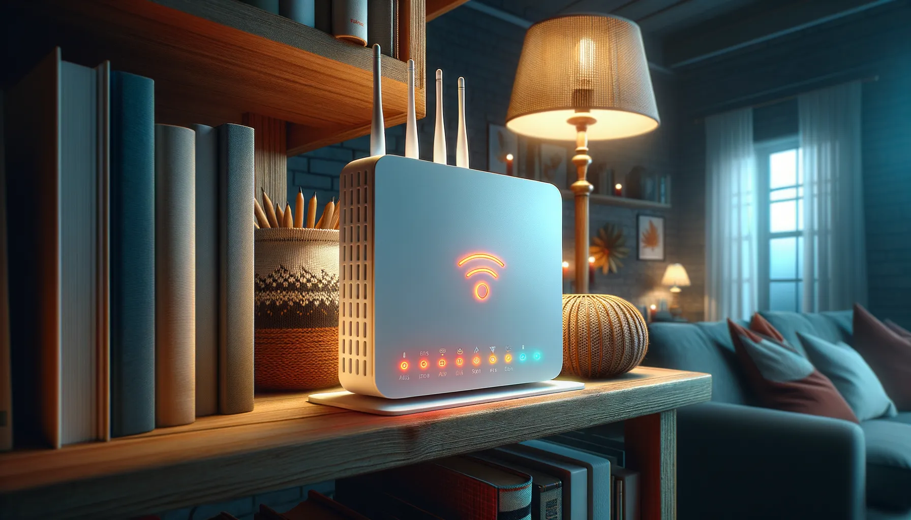 A home WiFi router sitting on a shelf in a living room with subtle red status lights glowing in an otherwise warm domestic setting