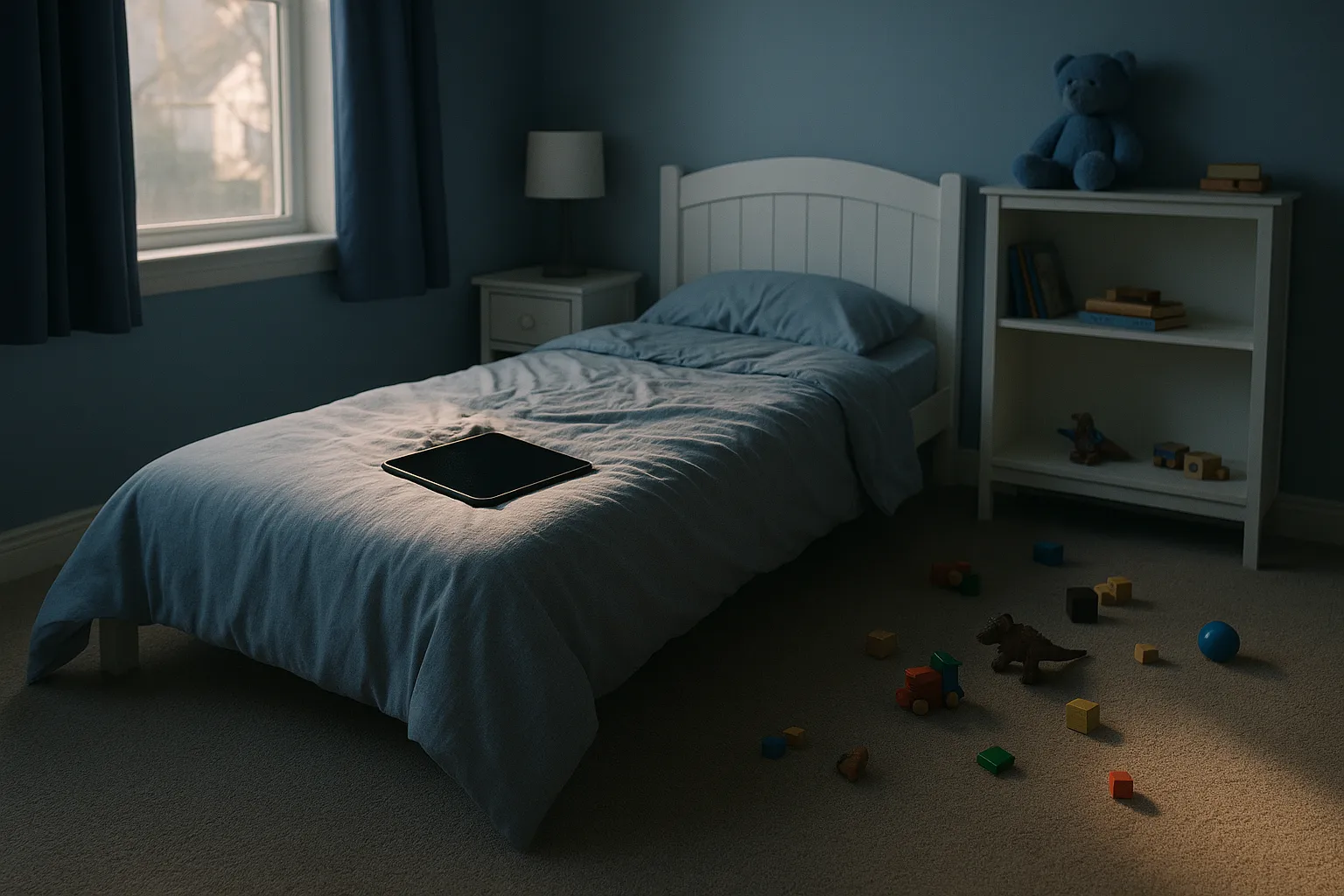 An empty child's bedroom in soft late afternoon light with a tablet face down on a rumpled duvet and toys scattered on the floor