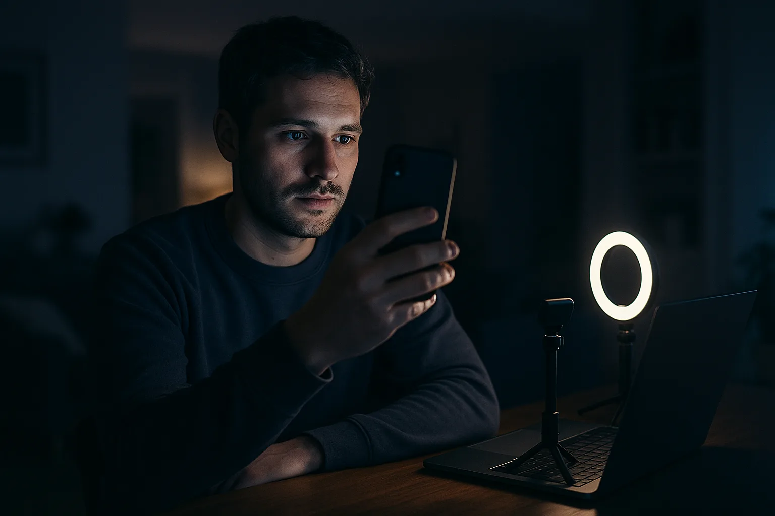 A person at a desk at night holding a phone up for a video call, lit by the screen, with a webcam and ring light beside a laptop