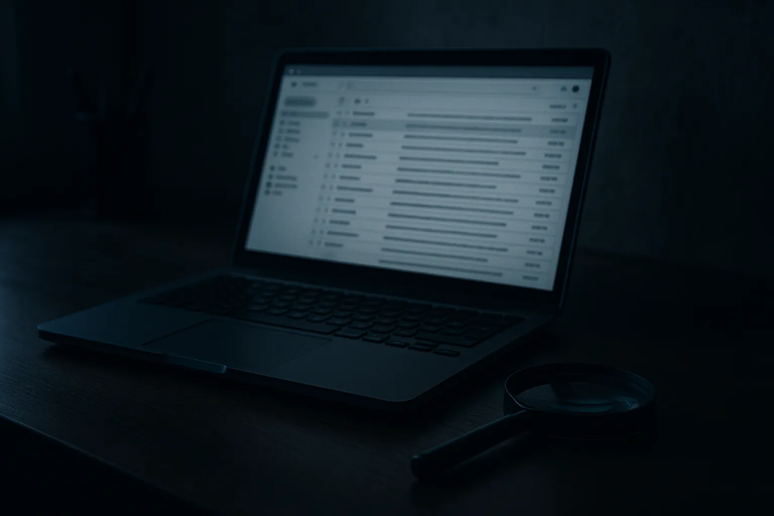 A dim desk workspace with a laptop showing an email inbox and a magnifying glass resting beside it in moody low light