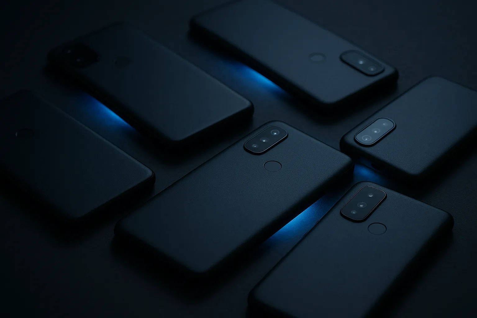 Stack of Android phones face down on a dark surface with subtle blue light suggesting hidden background activity from ad fraud apps