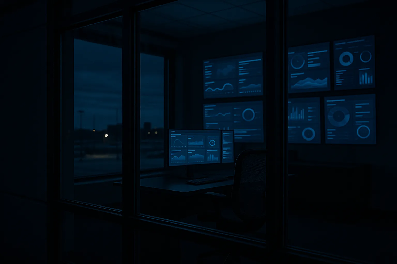 View through a glass wall at night into a darkened enterprise security operations center with wall mounted monitors dimly showing abstract dashboards and an empty mesh office chair in front of a workstation