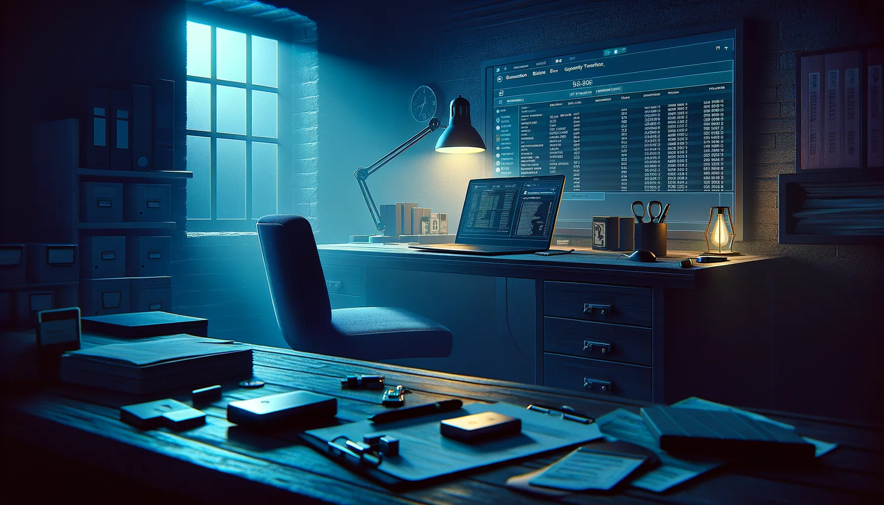 Dimly lit desk with laptop showing cryptocurrency data and USB drive